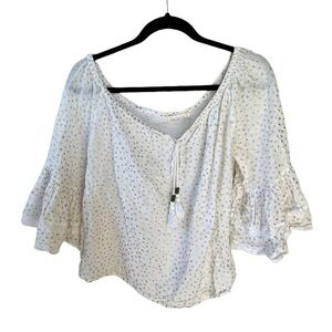 LUNA MOON Cotton Oversized Popover Printed Blouse Wide Sleeves White Gold L